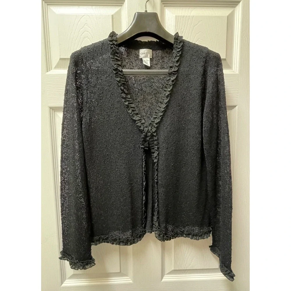 VTG Chico's Black Ruffle Trim Open Cardigan Sz‎ 1 Medium  Textured Knit Sweater